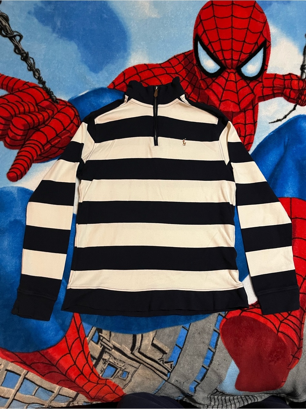 Polo Ralph Lauren striped quarter zip sweater navy + white YOUTH size XL(18-20)
